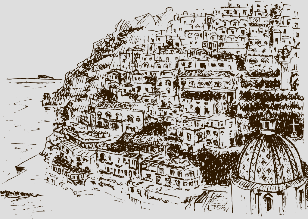 A black and white sketch of Positano